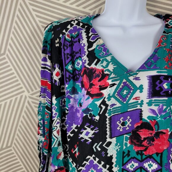 Vintage 90s Party Dress sz 18 18W 1X Floral Shirt Paisley Secretary Purple Teal - Picture 4 of 9